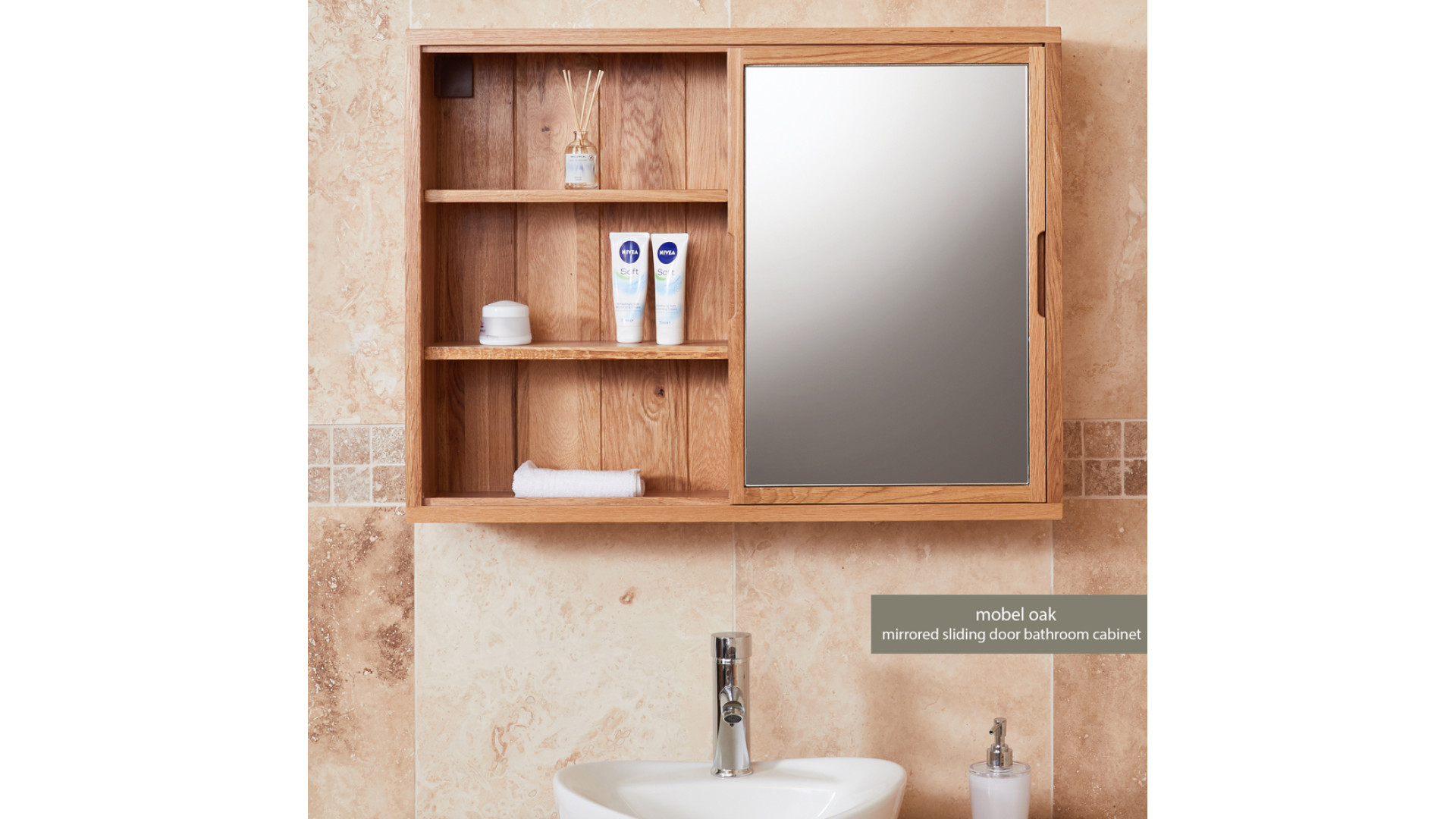 Mobel Oak Solid Mirrored Wall Shelf, Mirror Wall Shelf Unit