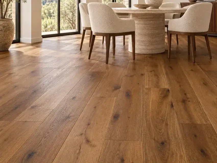 Oak flooring in a bright dining room